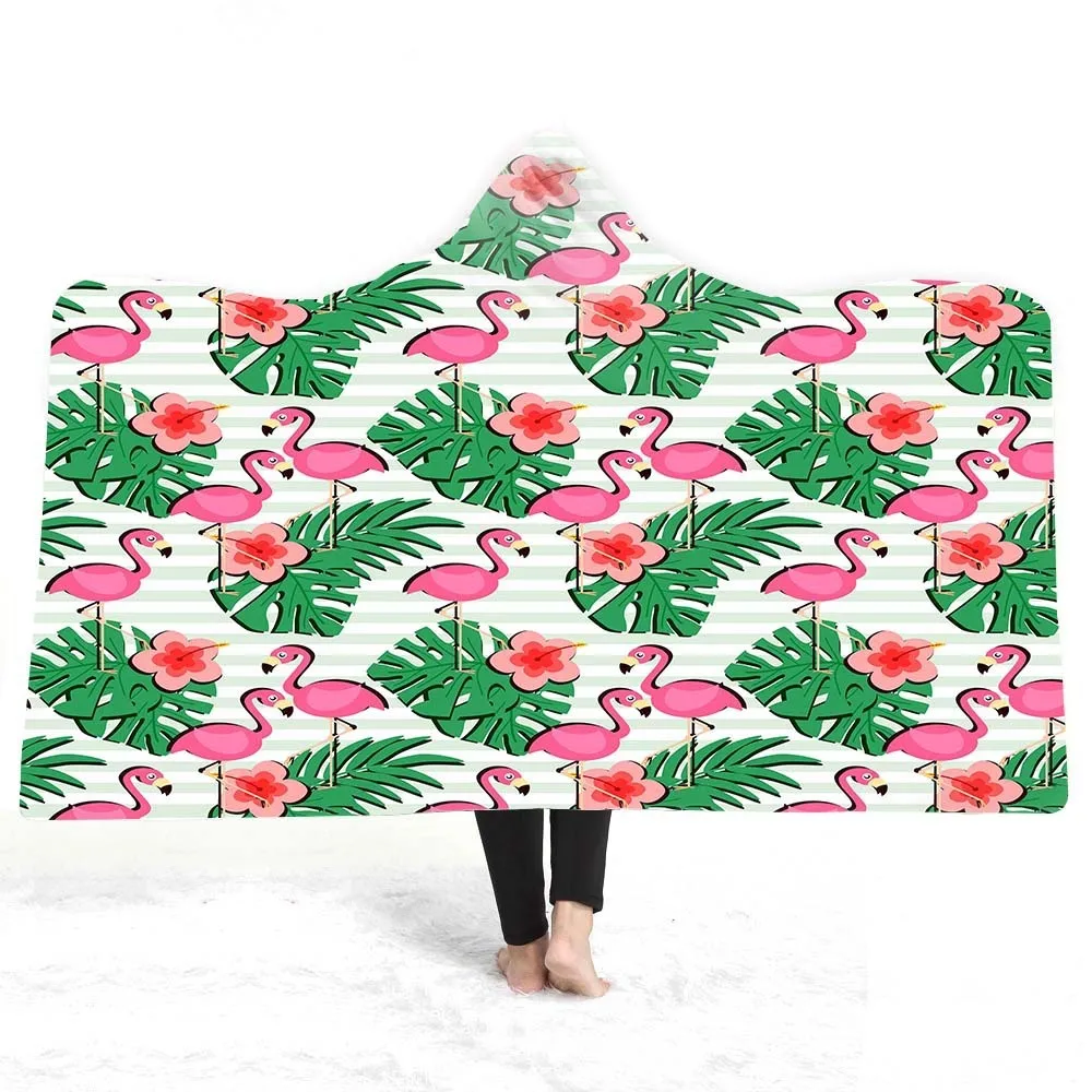 Tropical Plant Flamingo Hooded Blanket Sherpa Fleece Ocean Blue Wearable Plush Throw On Bed Sofa Thick Warm Home Textile | Дом и сад