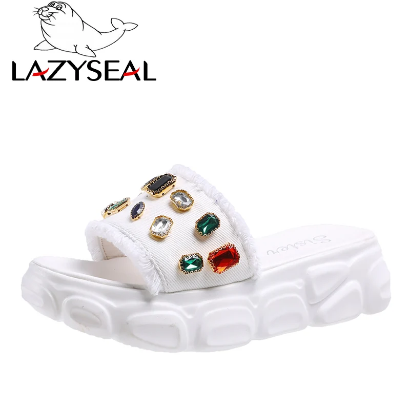 LazySeal летние шлепанцы на плоской подошве; женская обувь со стразами; вьетнамки на рифленой подошве; новые женские шлепанцы; Chanclas Mujer; коллекция года - Цвет: White