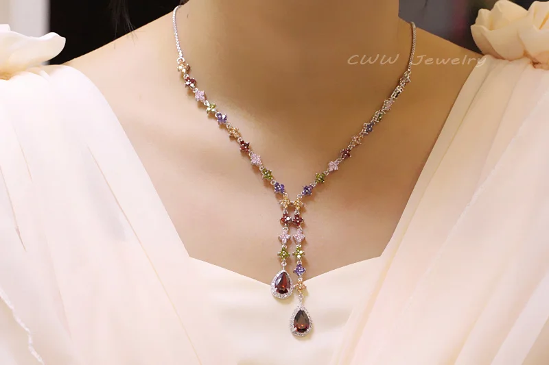 Комплект из колье и серёг с разноцветным фианитом|jewelry sets for women|party jewelry setjewelry |