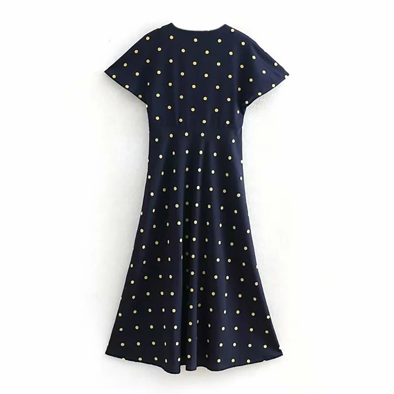 Женское винтажное шикарное платье макси с принтом в горошек коротким рукавом и