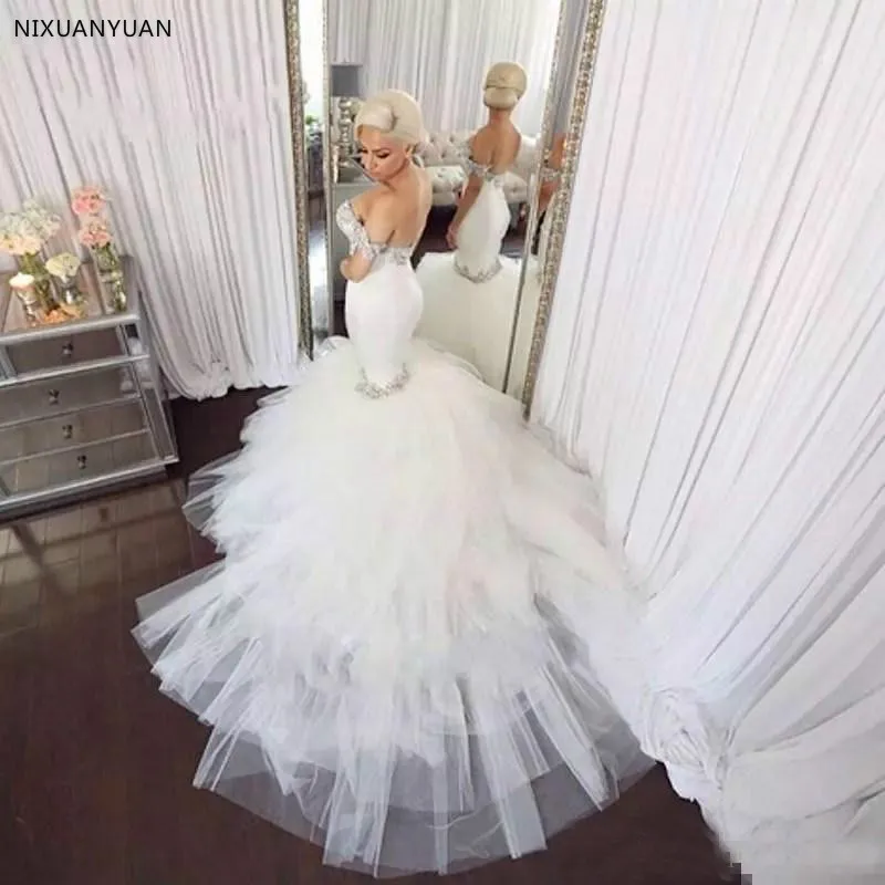 

Garden 2021 Off Shoulder Mermaid Wedding Dresses Bling Bling Crystal Bridal Gowns Tulle Skirt Wedding Vestidos De Mariee