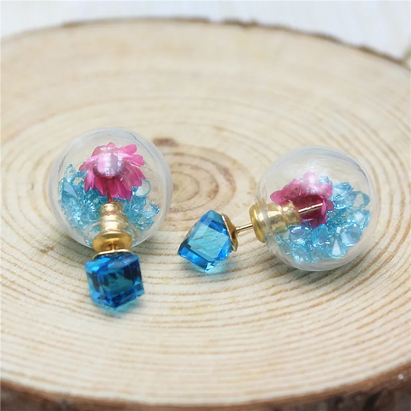 Женские квадратные серьги с высушенными цветами прозрачные Двухсторонние