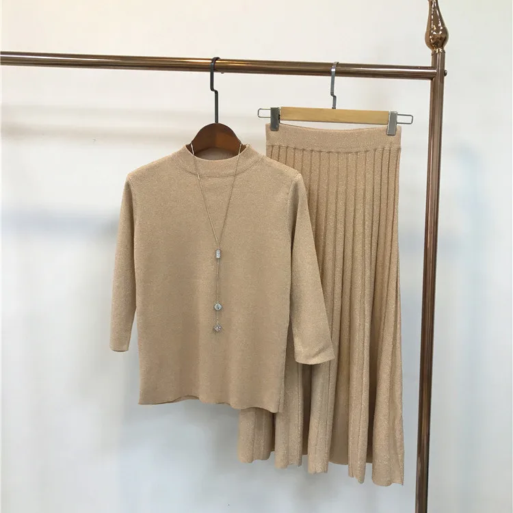 Gold Lurex knitted shirt + skirt high waist pleated big new spring / autumn women's suit fashion Bling 2-piece | Женская одежда