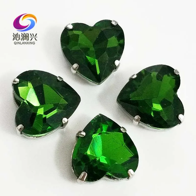 

Grass green heart shape top quality Glass Crystal claw rhinestones,sew on stone with holes for Diy Clothing accessories SWH20