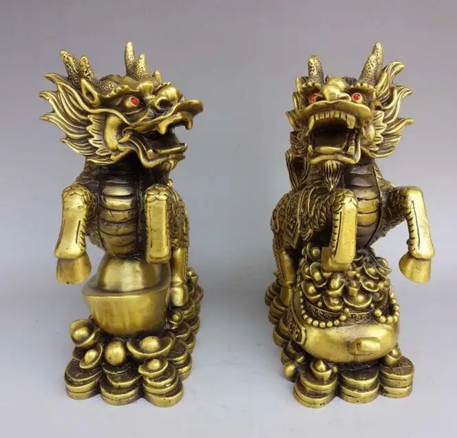 Китайский латунный Медь Feng Shui резной охранник зла Kylin QiLin пара статуй зверей | Дом