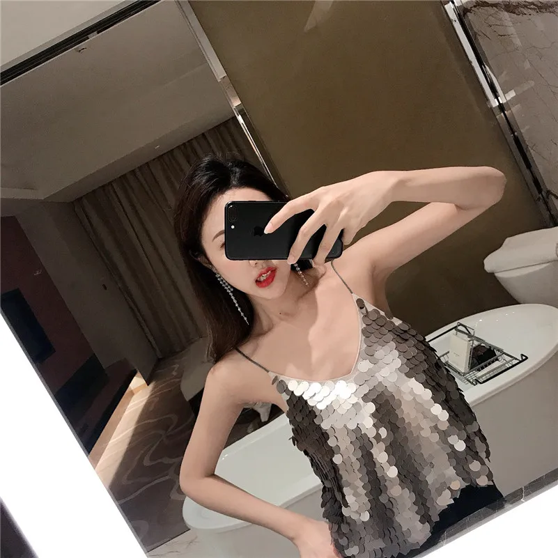 2018 Летний Новый Винтаж Сексуальная bling Блестки v образным вырезом без рукавов
