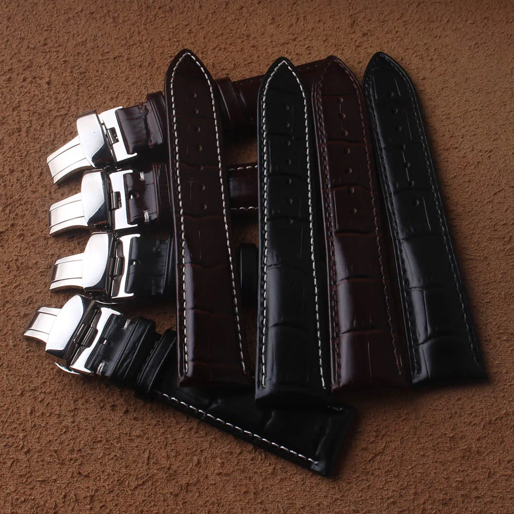 

High quality Watchbands waterproof for mechanical Wristwatches men genuine leather strap bracelets brown with white stitch 20mm
