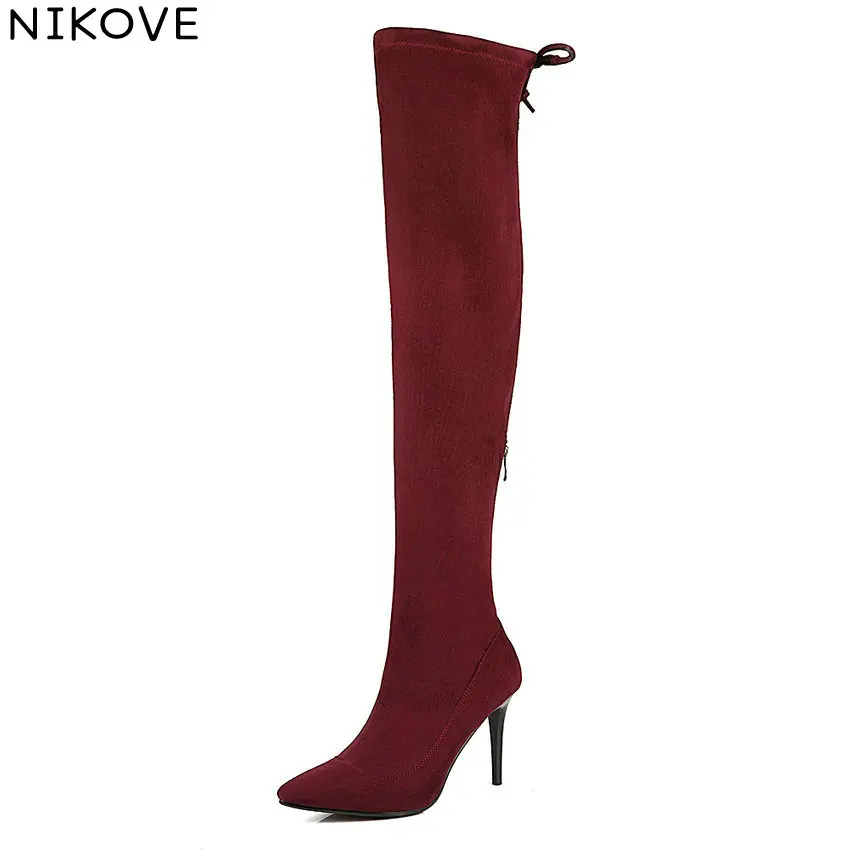 

NIKOVE 2019 Women Boots Over The Knee Boots Thin High Heels Autumn Shoes Slim Look Zipper Pointed Toe Ladies Boots Size 34-43