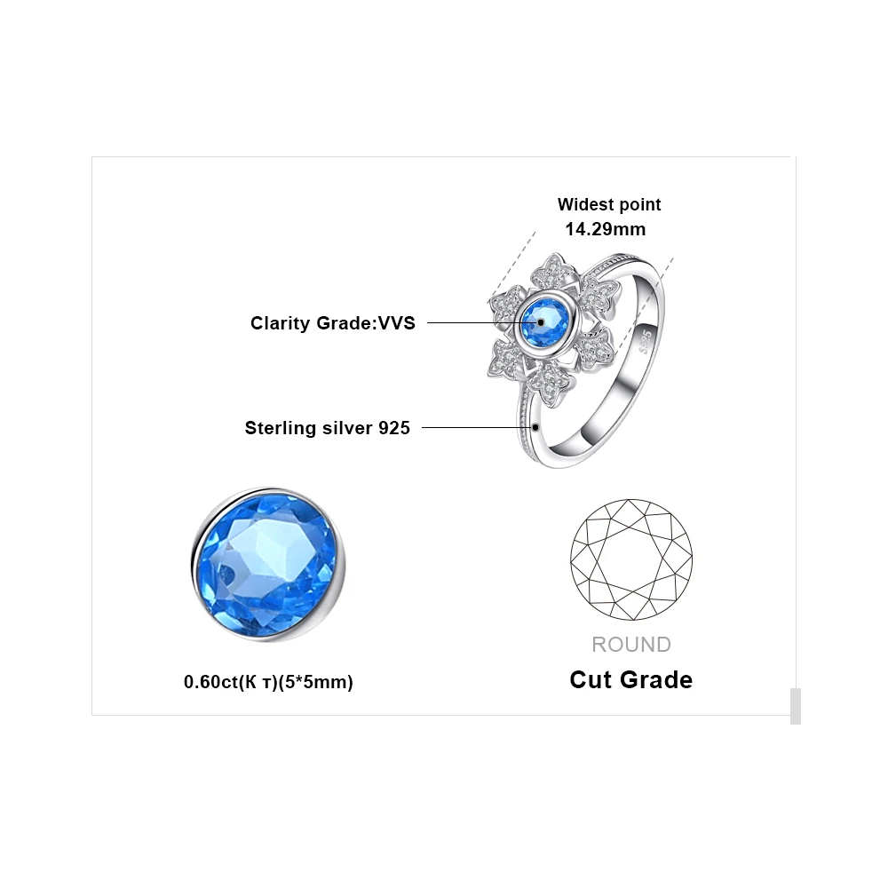 Jewelrypalace Снежинка 0.6ct натуральной голубой топаз коктейльное кольцо 925 украшений