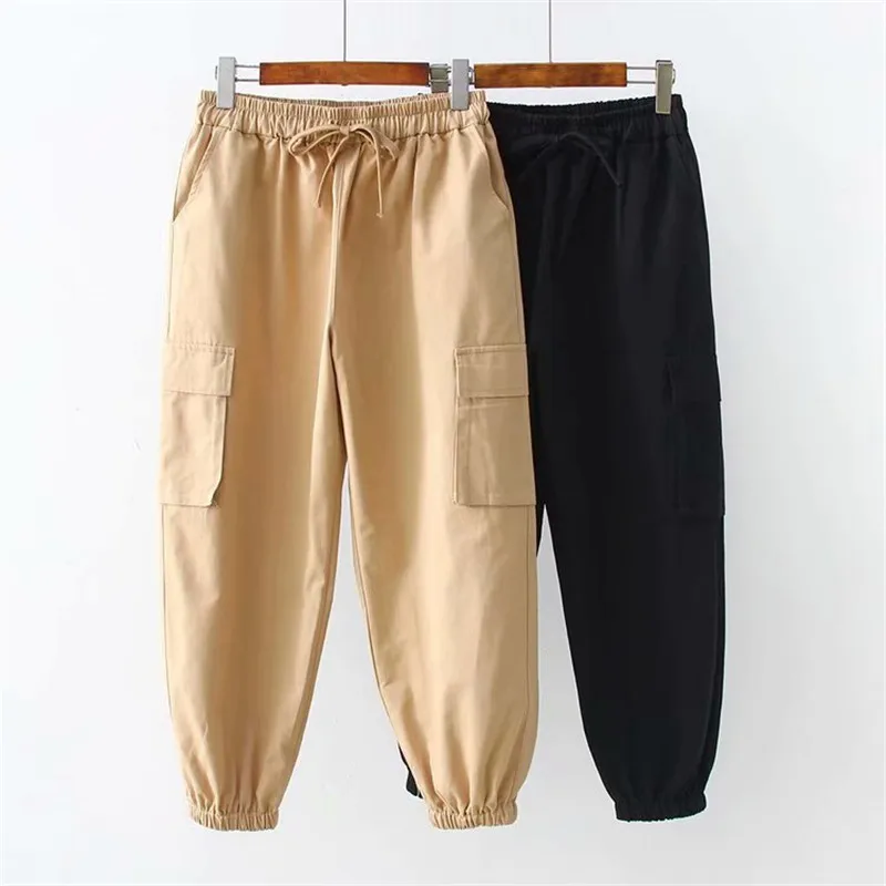 

Summer Casual Pants Women Large size XL-5XL Elastic waist Overalls Pants Female Loose Cotton Ankle-Length Pants Black Khaki G66