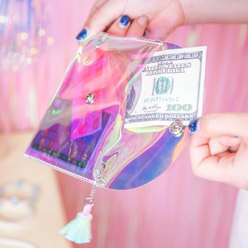 1Pc Colorful Laser Women Mini Bags Tassel Purse Press Buckle Transparent Makeup Envelope Wallet Clutch Handbag | Багаж и сумки