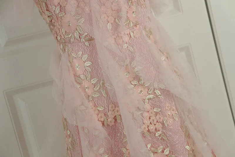 

2019 Summer Women's New Sling Sexy Fairy Lady Mesh Three-dimensional Embroidery Flowers Ruffled Fringe MAXI Long One-piece Dress