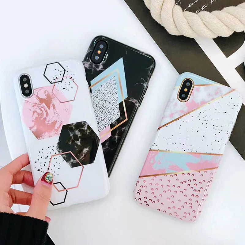 Карамельный цвет Мрамор чехол для iPhone X 6 S 7 8 забавные Соединенные геометрические