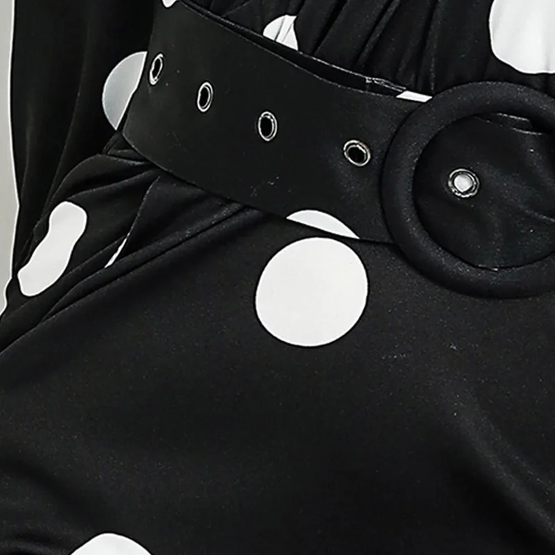 Черное платье в горошек с принтом женское сексуальное вечернее длинным рукавом и