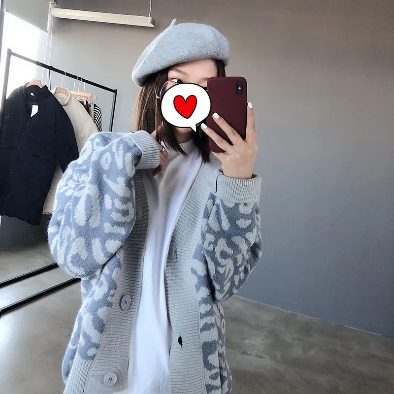 Ежедневно одежда Женский Мода 2019 г. Трикотаж Вязание Топ Осень Зима Leopard с длинным