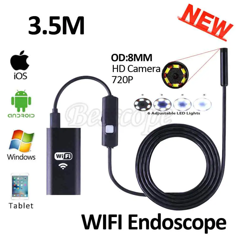 8 мм объектив WI-FI эндоскопа iPhone Камера HD720P 3.5 м гибкий змея USB трубы инспекции
