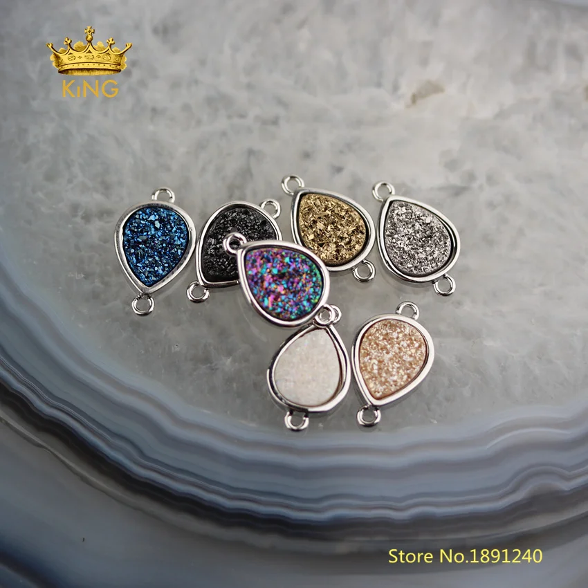 10pcs Flat Teardrop Druzy Small Connectors Bulk Random Titanium Drusy Agates Plated Silvery Copper Charm Link Bracelet DSS153 | Украшения и