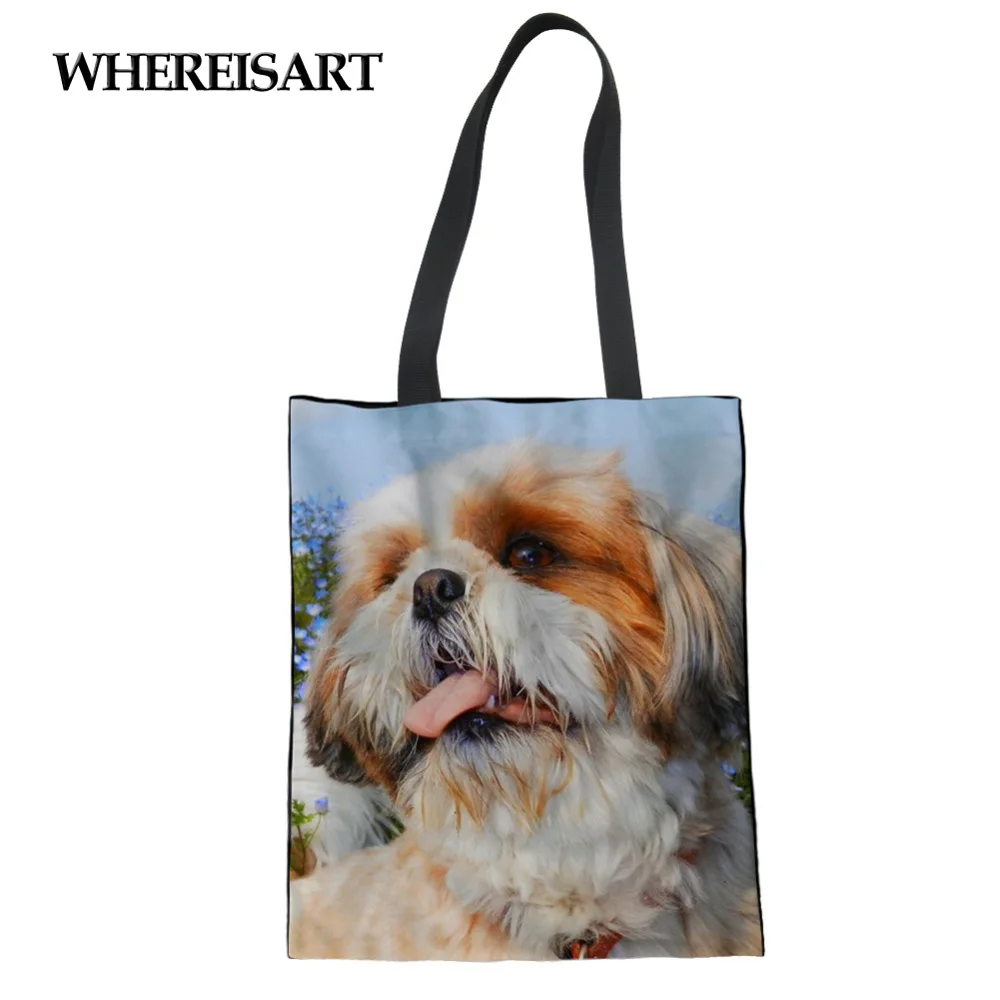WHEREISART большая женская Холщовая Сумка Shih Tzu с рисунком собаки, хозяйственная сумка для девочек, студенческие школьные сумки на плечо, женская большая сумка