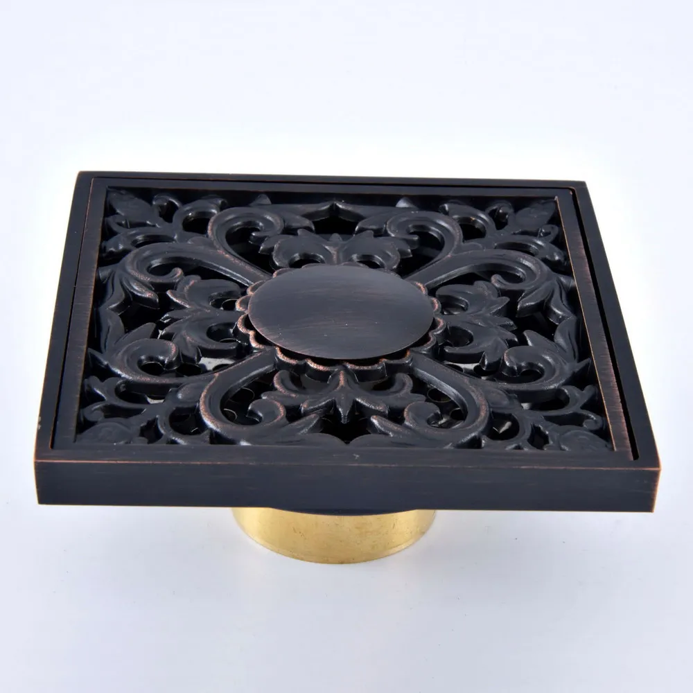 

Black Oil Rubbed Bronze Carved Flower Pattern Bathroom Shower Drain 4" Square Floor Drain Waste Grates ahr086