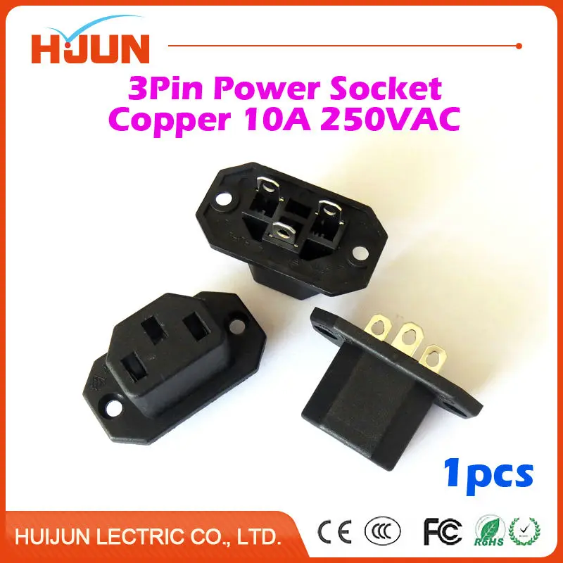 

1Pcs High Quality 3 Pin Safe Power Socket Copper Inlet Connector Plug 10A 250V AC Computer Apparatus