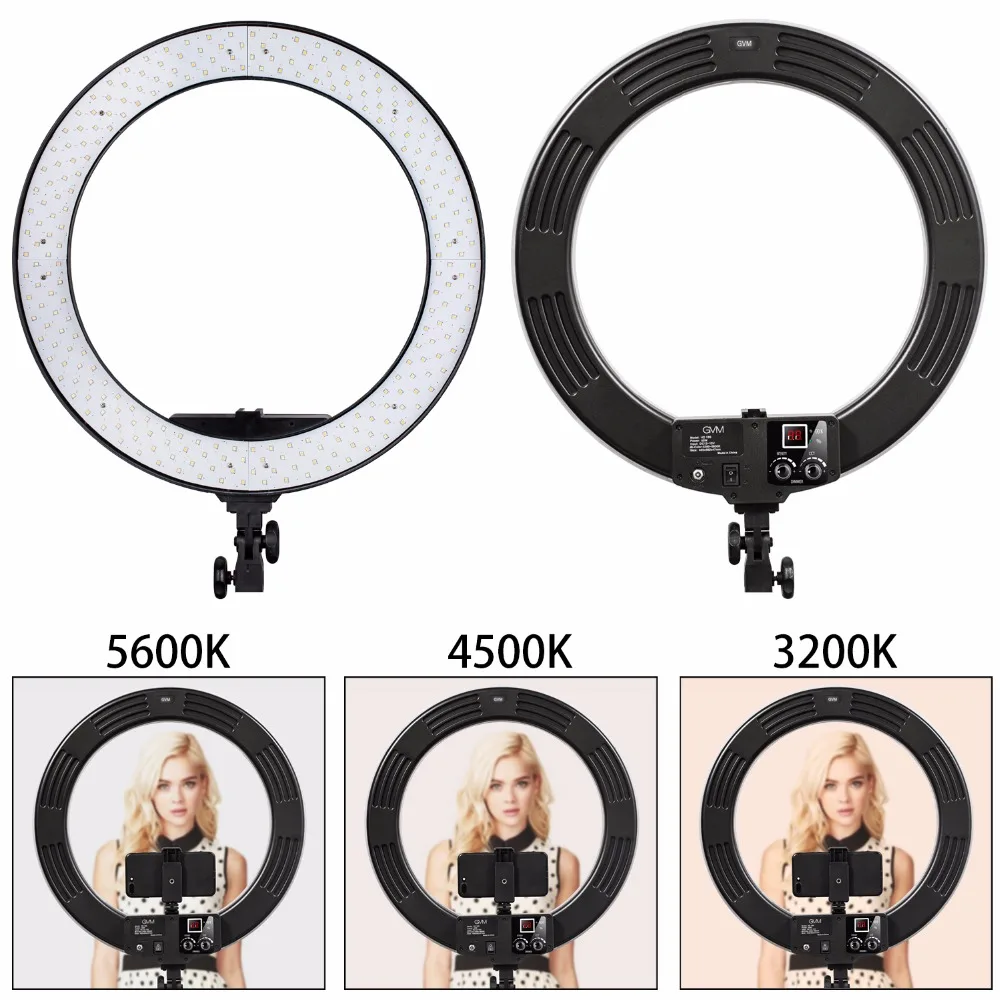 GVM Bi-color LED Ring Light With Stand 3200K-5600K Dimmable Video For Makeup YouTube Photography Lighting Kit 18 inch | Электроника