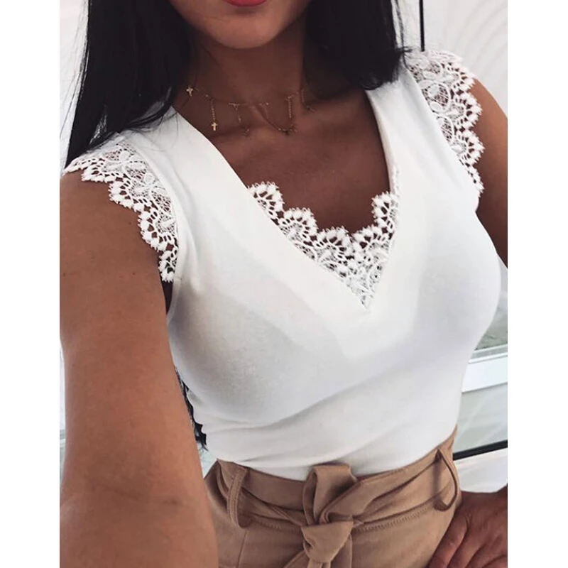 Women Ladies Tank Top Fashion Lace V-Neck Tees Tops Fitness Casual Sleeveless Slim Vest Shirt Black White | Женская одежда