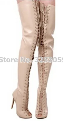 beige leather Женские пикантные высокие сапоги для ночного клуба замшевые сапоги до бедра на шнуровке сандалии выше колена с открытым носком сапоги на тонком высоком каблуке с перекрестной шнуровкой - Цвет: beige leather
