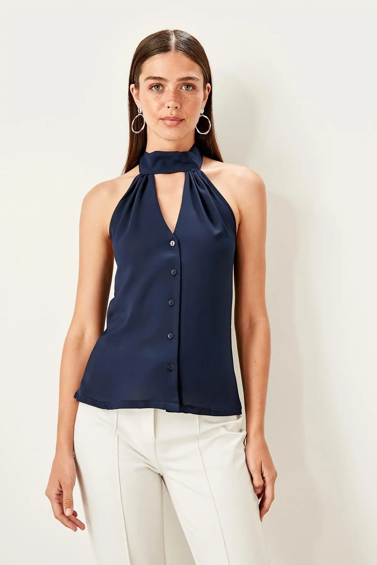 Trendyol темно-синий Bone Button Detail Bluz TWOSS19AP0269 |