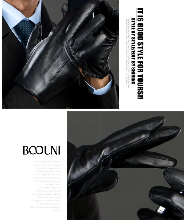 Winter Genuine Leather Gloves Men's Sheepskin Warm Black Mittens European Business Fashion Touch Screen Male Hand Muff H3223