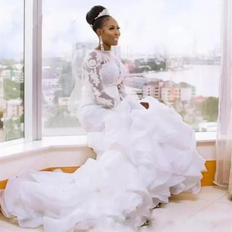 Sexy Long Sleeves Organza &amp Tulle Mermaid Wedding Dress With Tassel Train Tiered Boat Neck African Bridal Gowns Chapel | Свадьбы и