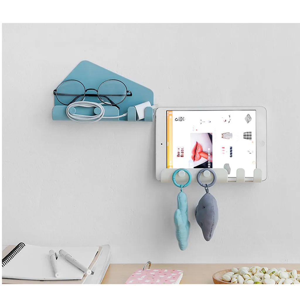 Large paste creative mobile phone tablet charging bracket door bedroom kitchen bathroom seamless storage 4 hook storage rack
