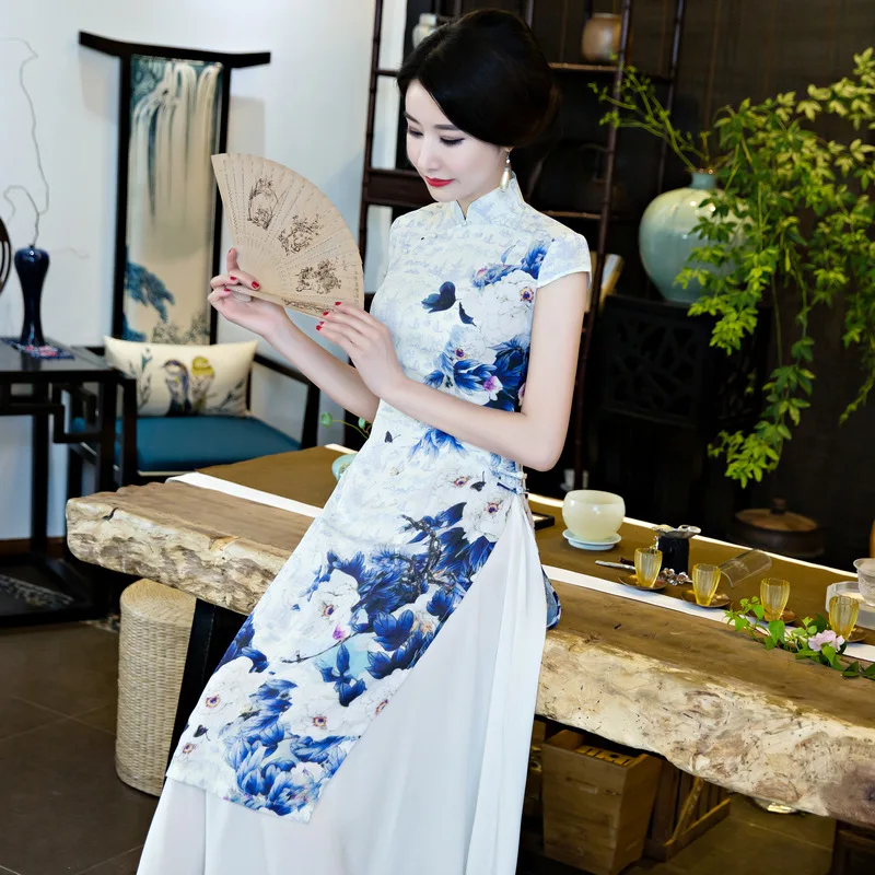 Вьетнамское платье Aodai, китайское платье, длинное шелковое платье Cheongsam, вьетнамское традиционное платье Aodai, изящное платье с воротником-стойкой, тонкое платье Qipao