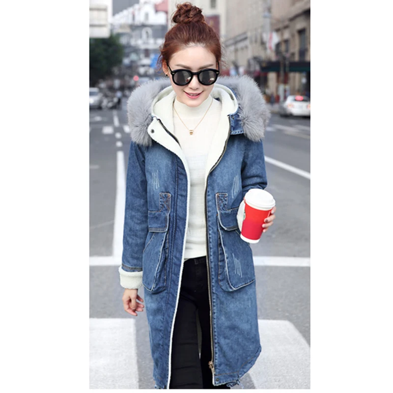 Зимние джинсовые хлопчатобумажная куртка Для женщин 2018 осень новый меховой