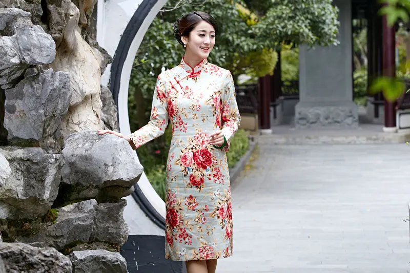 red flower Chinese women' cotton/linen long sleeves evening Dress/ Cheong-sam s-3xl | Тематическая одежда и униформа