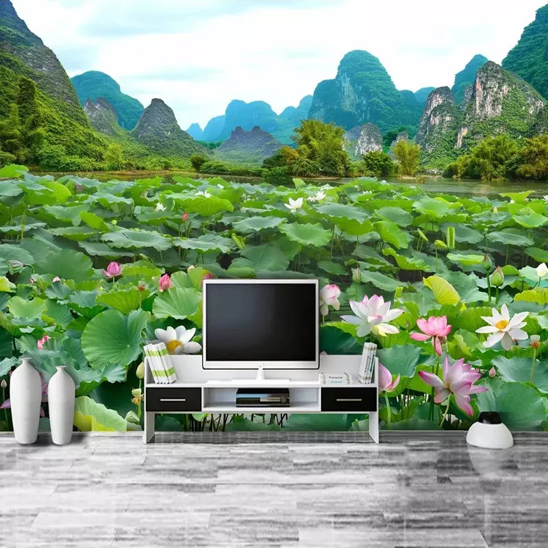 Custom Any Size Murals Wallpaper 3D Beautiful Mountains And Rivers Lotus Pond Landscape Photo Wall Painting Living Room 3D Decor
