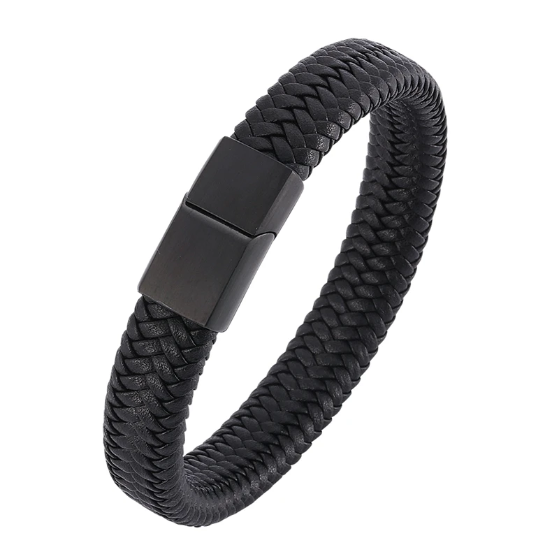 Женский плетеный кожаный браслет черный стальной Магнитный модный мужской BB503 |