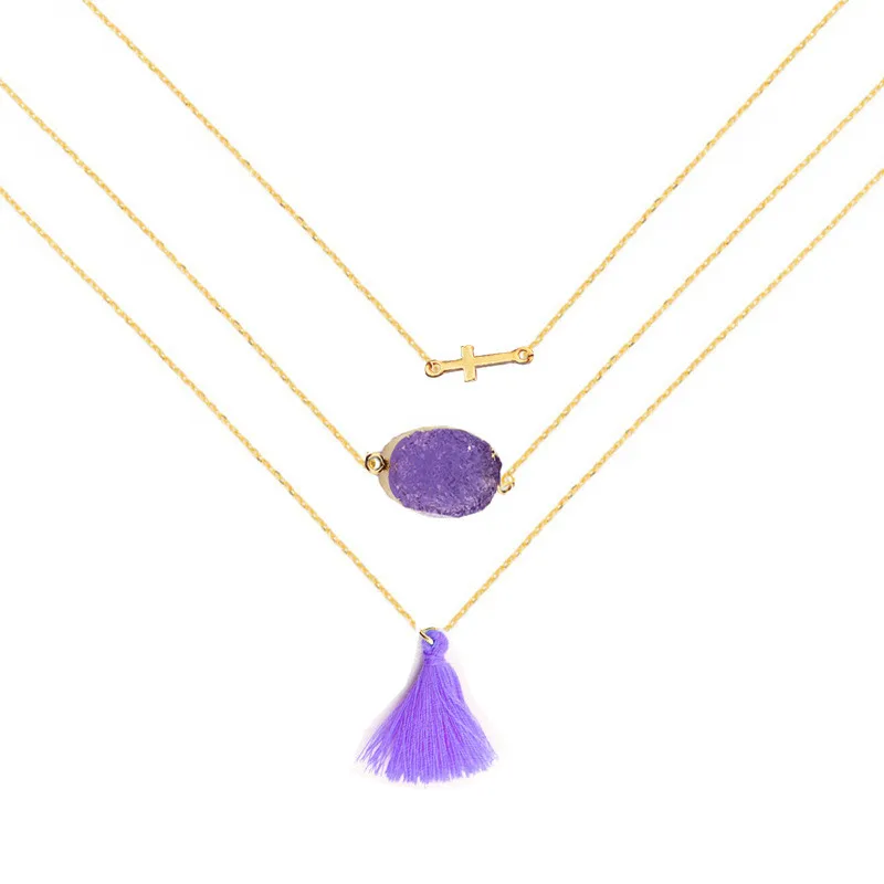 SOHOT Новая мода кисточкой Имитация Druzy камень кулон многослойное ожерелье золотой
