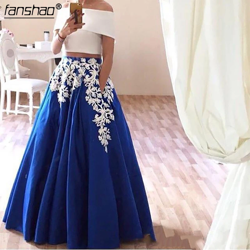 

White and Royal Blue Satin A Line Evening Dresses Two Pieces Lace Applique Prom Dresses Party Formal Gowns