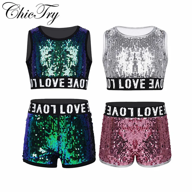 

Fashion Children Kids Girls Hip-hop Jazz Performance Costumes Dancing Clothes Sequin Sleeveless Crop Top with Shorts Set Outfits