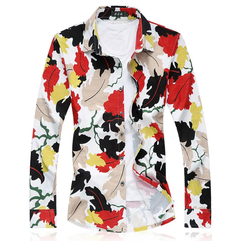 С цветочным принтом Блузка Мужская Мода Тонкий блузка рубашка с длинным рукавом