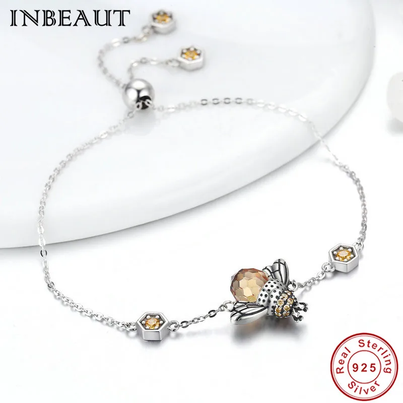 Женский элегантный браслет INBEAUT с бусинами в виде пчелы из серебра 925 пробы