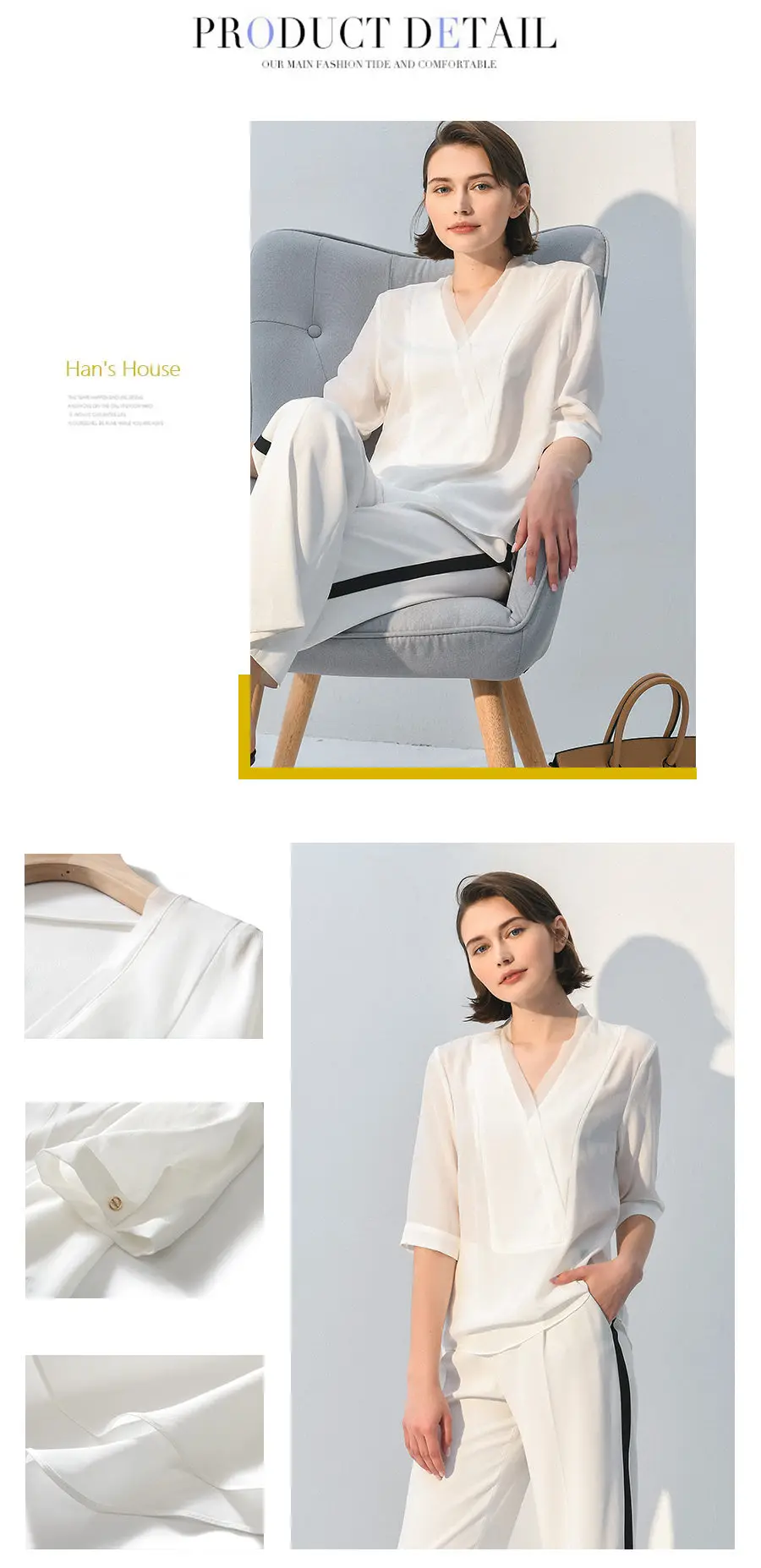 Heavy Silk Blouse V Neck 2 Colors Solid Womens Half Sleeve High Quality Loose Silk Blouses Casual New Fashion