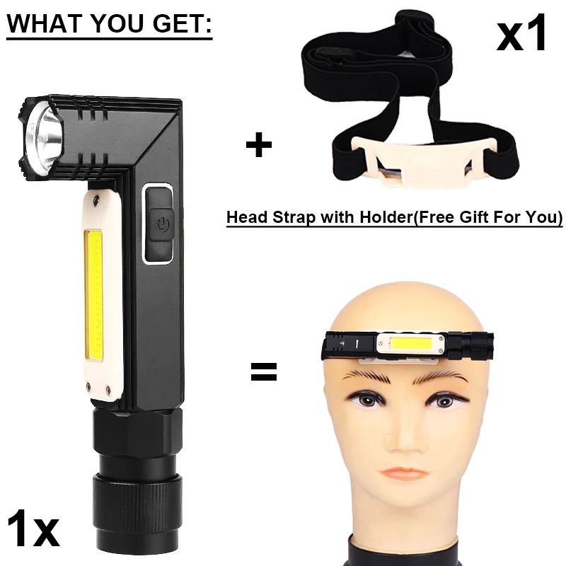 What You Get USB Перезаряжаемый Тактический светильник-вспышка на магните 90 градусов вращающийся зажим водонепроницаемый головной светильник COB рабочий светильник ручной фонарь с ремешком - Испускаемый цвет: What You Get