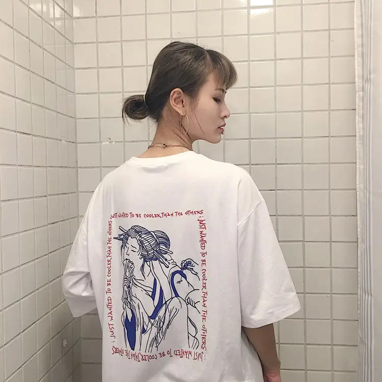white tee 1 Японская гейша манга графическое Письмо печати корейский уличная свободная футболка Футболка Harajuku Топ хип-хоп панк забавные для женщин и мужчин - Цвет: white tee 1