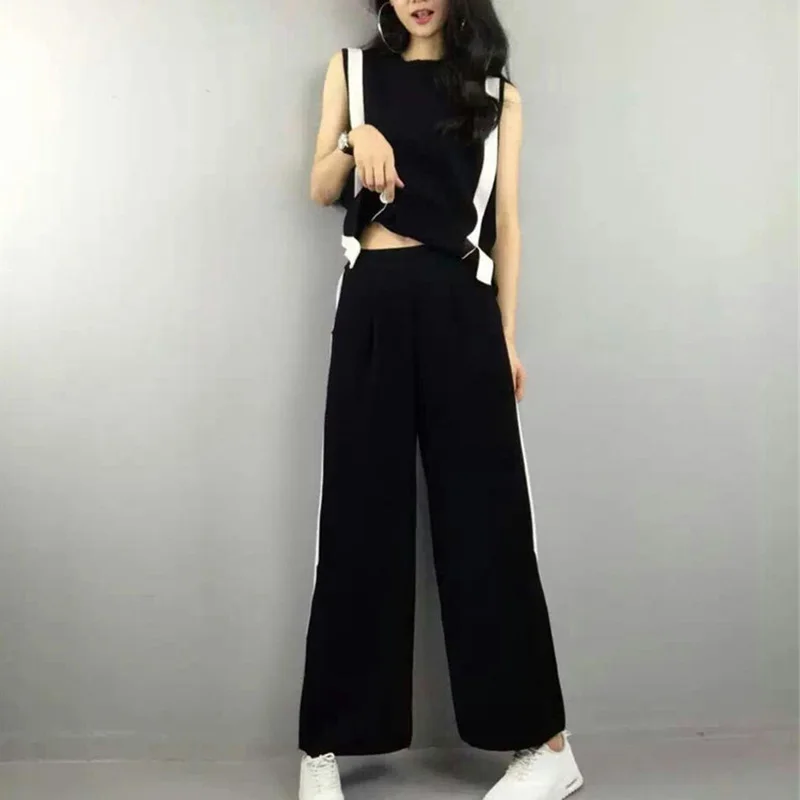 CHICEVER 2017 Summer Two Pieces Set Women Slim Sleeveless T shirts +Elastic Waist Split Sexy Casual Plus Size Female Pants|two piece set women|piece