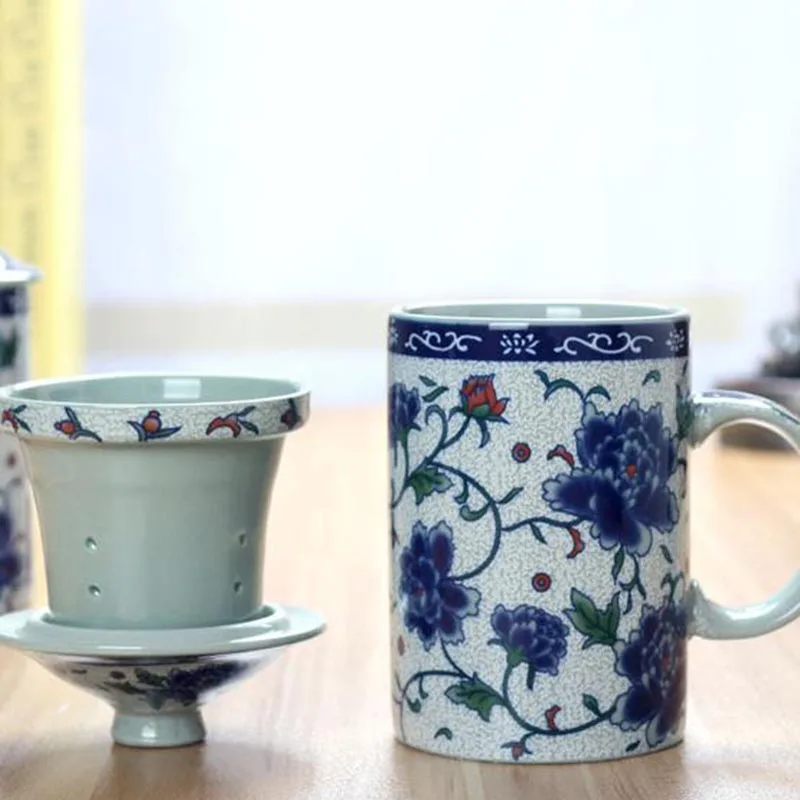 Керамическая Сине белая чашка Цзиндэчжэнь с крышкой 300 мл|Кружки| |