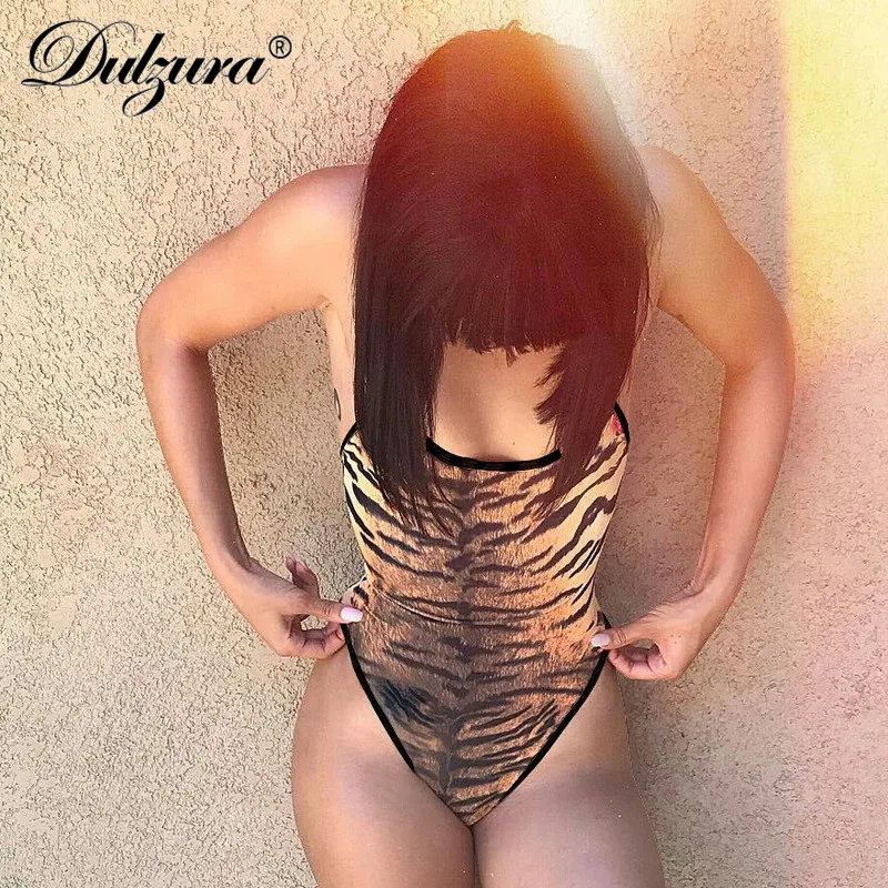 Dulzura Tiger stripes печати пикантные женские боди 2018 лето осень женский без рукавов bodycon
