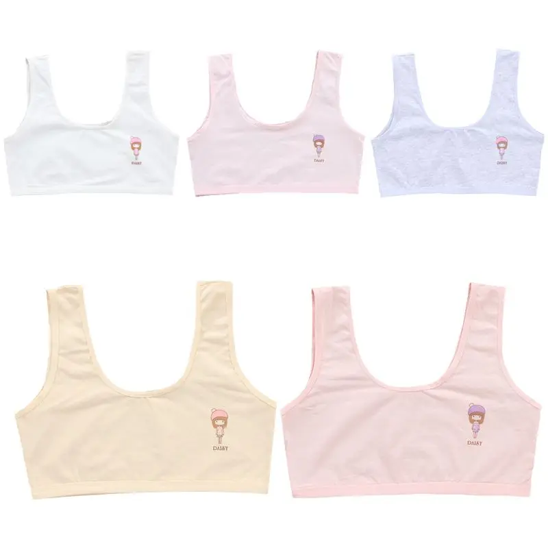 

KLV 1PC Kids Puberty Girl Single Layer Cotton Training Bra Wide Strap Underwear Cartoon Figures Print Bralette 8-16T 5 Colors