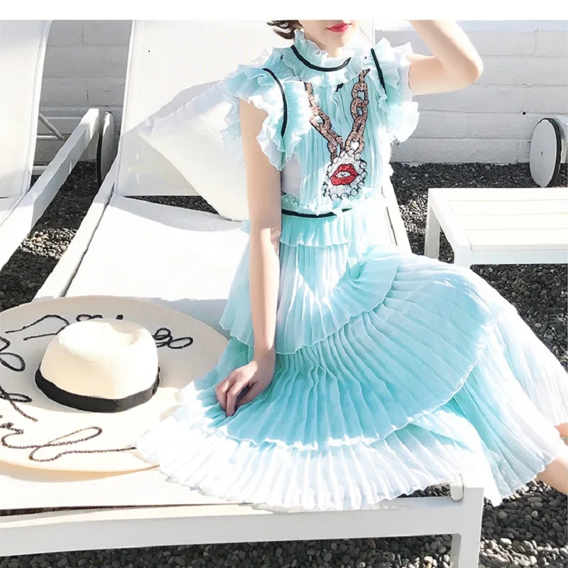 Boho подиумная женская красная губы блестки синяя Шифоновая туника длинные оборки