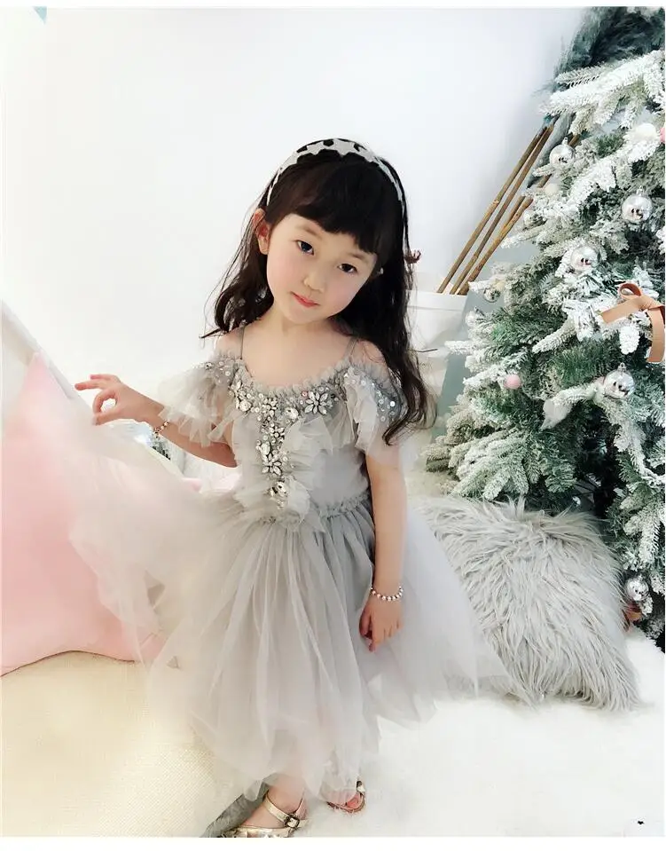 top market children girls beading lace dress kids off shoulder tulle toddler princess party ins fashion vestido Детская одежда и